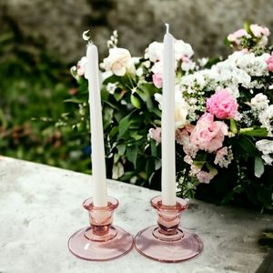 Pink Glass Candlestick Holders,  Shabby Chic, Wedding, Baby Shower Decor